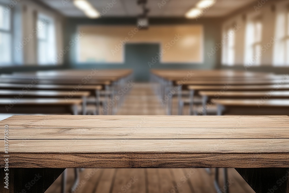 Empty wooden desk in blurred classroom, lecture hall background Empty wooden desk in blurred classroom, lecture hall background