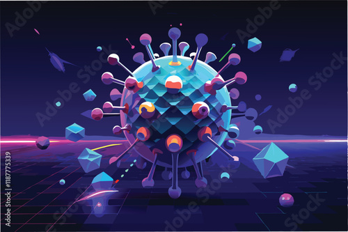 Abstract 3D design of hmpv and covid virus mutation, floating particles in neon lit environment hmpv and covid virus Clipart Vector