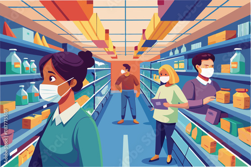 supermarket during the pandemic, shelves partially empty, people wearing masks, realistic lighting hmpv and covid virus Clipart Vector