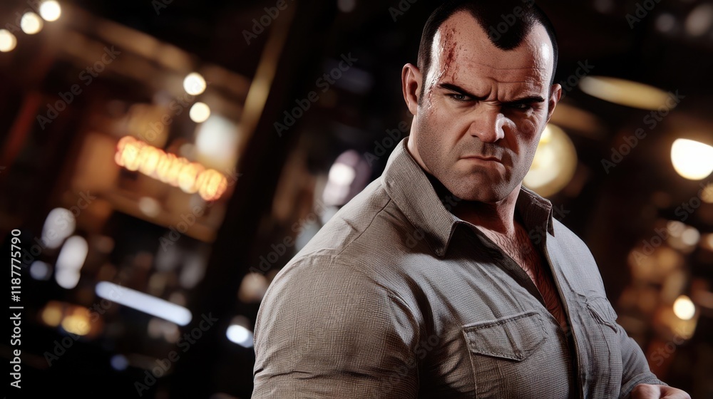 Obraz premium A muscular man with a serious expression, standing in a dimly lit bar setting.