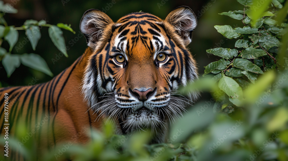 Obraz premium muzzle of concentrated wild tiger with striped fur looking at camera amidst green leaves in lush forest 