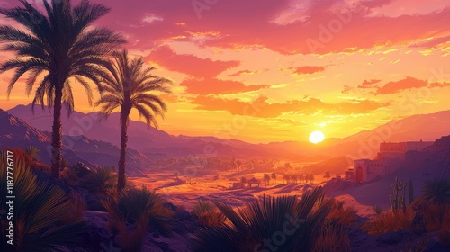 Vibrant Sunset Over Desert Landscape with Palm Trees and Mountains
