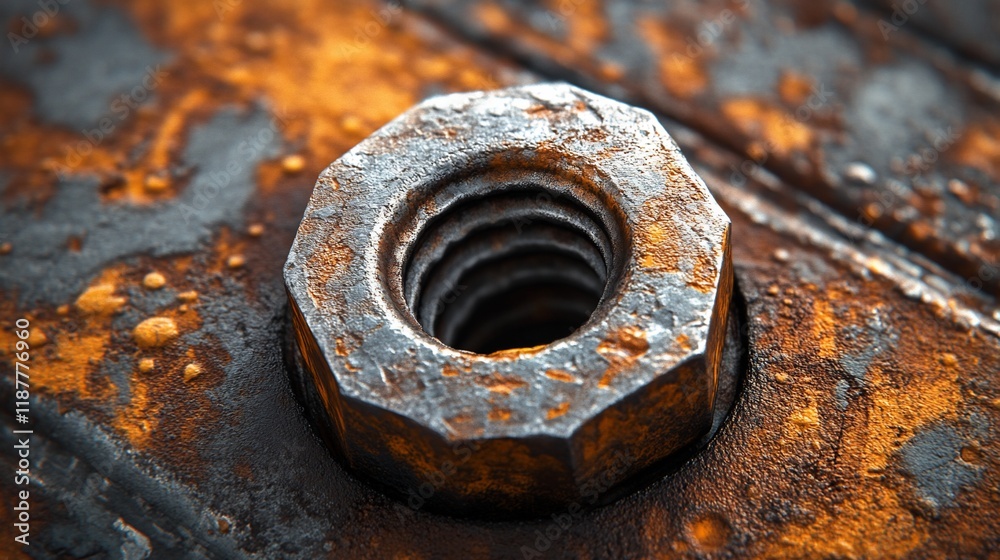 Rusty nut on metal surface, close-up. Industrial background Rusty nut on metal surface, close-up. Industrial background