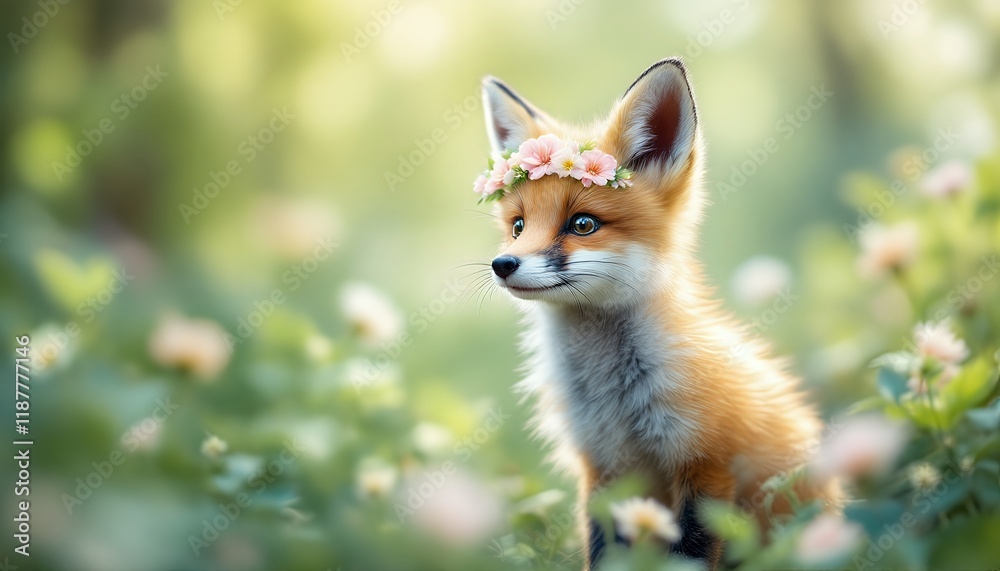 Obraz premium Adorable Fox Kit in Floral Crown: A Whimsical Springtime Portrait