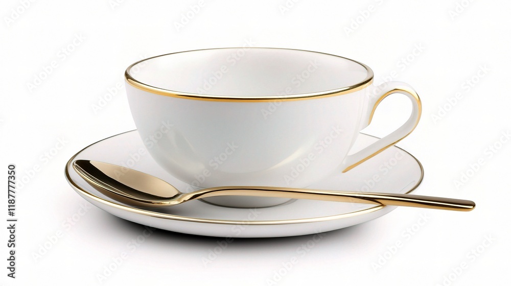 Elegant White Coffee Cup with Spoon and Saucer Isolated on White Elegant White Coffee Cup with Spoon and Saucer Isolated on White