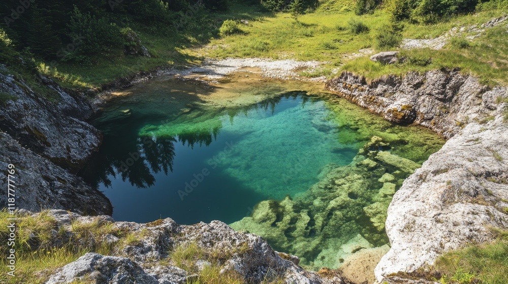 Serene natural pool surrounded by lush greenery and rocky landscape Serene natural pool surrounded by lush greenery and rocky landscape