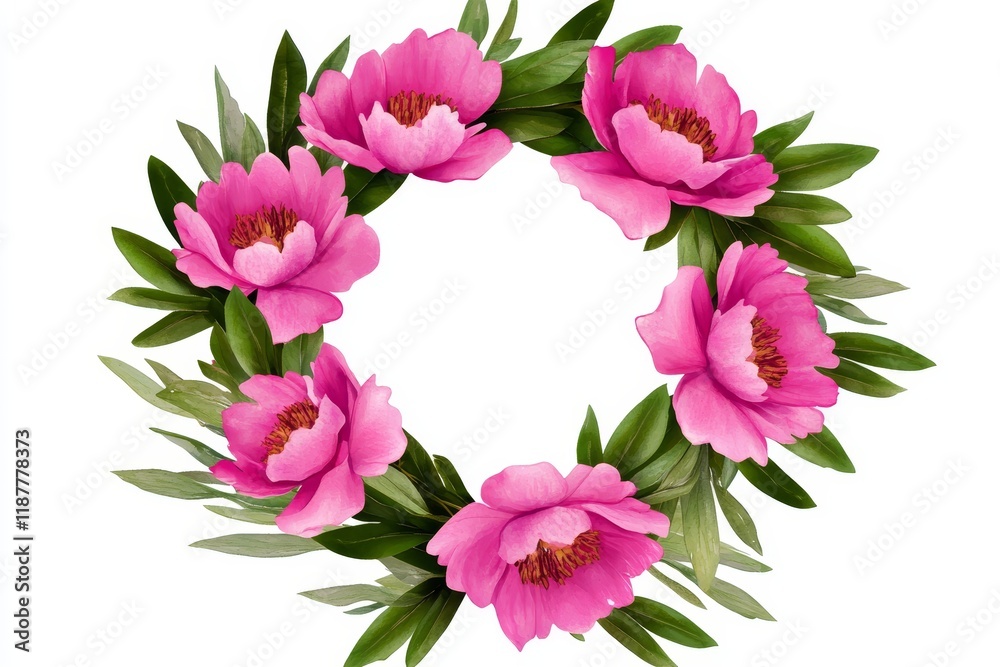 Obraz premium Beautiful Pink Peony Floral Wreath Illustration - Elegant pink peony wreath, symbolizing love, beauty, prosperity, new beginnings, and spring. Perfect for invitations, cards, or decoration.