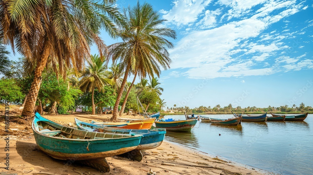 Colorful Fishing Boats on a Serene Beach Under Bright Blue Sky Colorful Fishing Boats on a Serene Beach Under Bright Blue Sky
