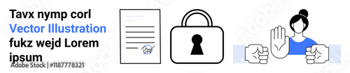 Document with seal, padlock, and person with hand raised symbolize security, privacy, and authentication. Ideal for data protection, privacy policies, secure transactions, user authentication cyber