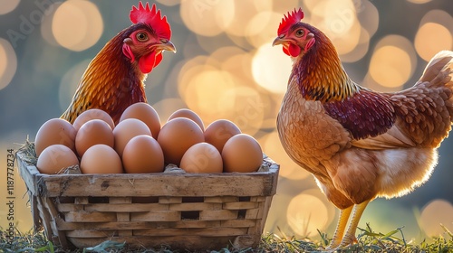 Two chickens beside a basket of eggs.