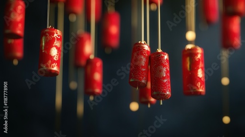 Beautiful red firecrackers hanging on golden strings, symbolizing good fortune and happiness for Chinese New Year