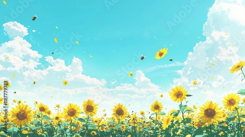 Vibrant Sunflower Field Under Bright Blue Sky with Bees Buzzing