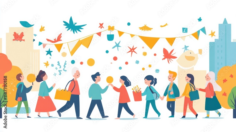 Vibrant City Street Scene with Happy People Shopping and Celebrating Together in a Colorful Autumn Day Filled with Leaves and Decorations Vibrant City Street Scene with Happy People Shopping and Celebrating Together in a Colorful Autumn Day Filled with Leaves and Decorations