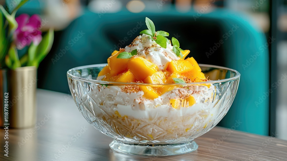 Fresh Mango Dessert with Cream and Nuts in a Glass Bowl Fresh Mango Dessert with Cream and Nuts in a Glass Bowl