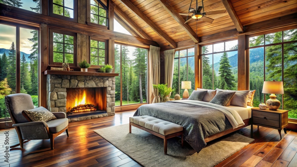 Naklejka premium Serene Cabin Bedroom: Cozy Fireplace, Panoramic Forest Views, Relaxing Retreat