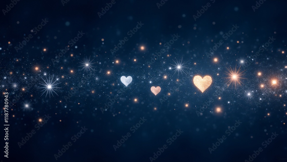 Fototapeta premium Shooting heart-shaped stars with stardust trails on a navy blue background. A magical and celestial Valentine’s Day pattern.