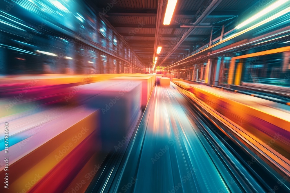 Fast-moving boxes on a conveyor belt in a factory. Fast-moving boxes on a conveyor belt in a factory.