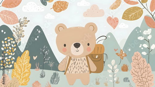 Cute bear hiker autumn mountain landscape illustration, nature background, kids room decor