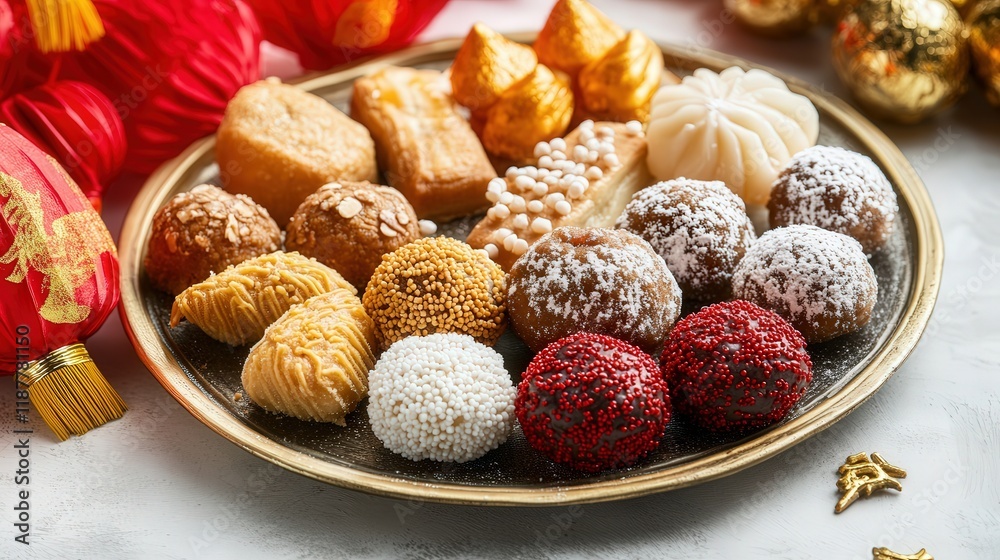 Chinese New Year pastries like sesame balls, fortune cookies, and almond cakes, served on a festive platter with lanterns and gold symbols of good luck. Chinese New Year pastries like sesame balls, fortune cookies, and almond cakes, served on a festive platter with lanterns and gold symbols of good luck.