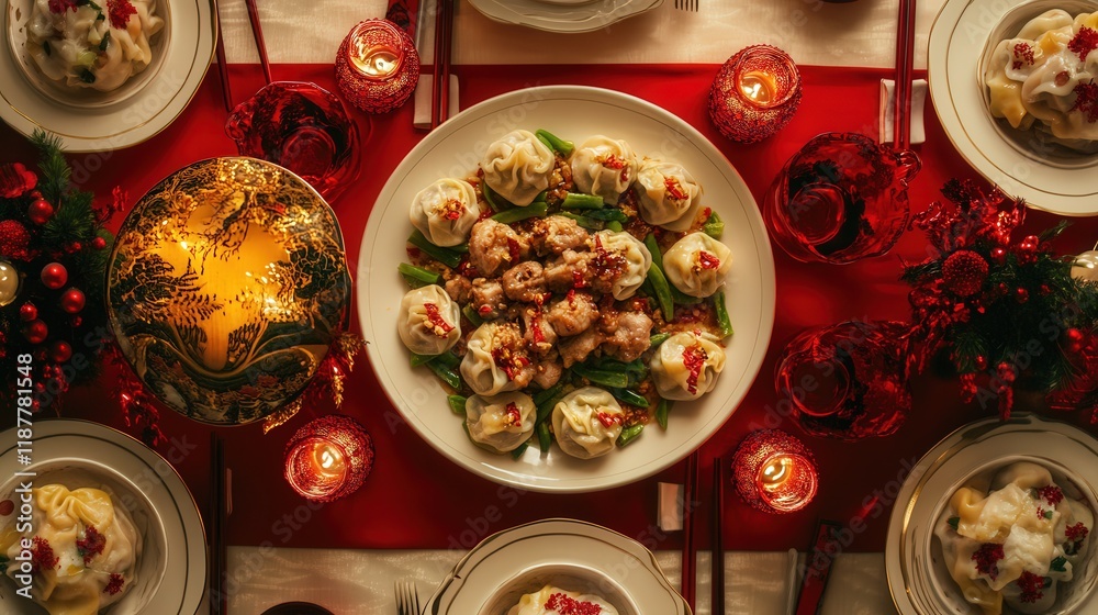 Chinese New Year wontons, filled with minced pork and vegetables, symbolizing wealth, beautifully arranged on a festive table with red accents. Chinese New Year wontons, filled with minced pork and vegetables, symbolizing wealth, beautifully arranged on a festive table with red accents.