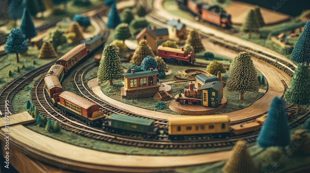 Obraz premium Colorful Model Train Set with Scenic Landscape and Miniature Buildings