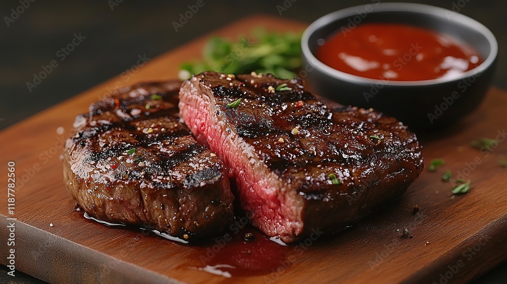 Grilled beef steak with herb and spices. Portion of fried meat cuts with rosemary, garlic, olive oil and ketchup sauce Grilled beef steak with herb and spices. Portion of fried meat cuts with rosemary, garlic, olive oil and ketchup sauce