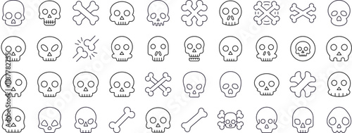 Skull Line Icon Pack. Outline Signs for Graphic and Web Design, Apps, Adverts, Various Cards