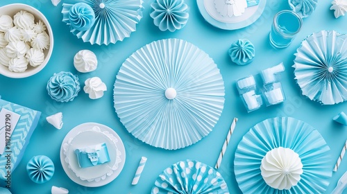 Elegant party flat lay decoration with pastel blue background and trendy elements for celebration photo