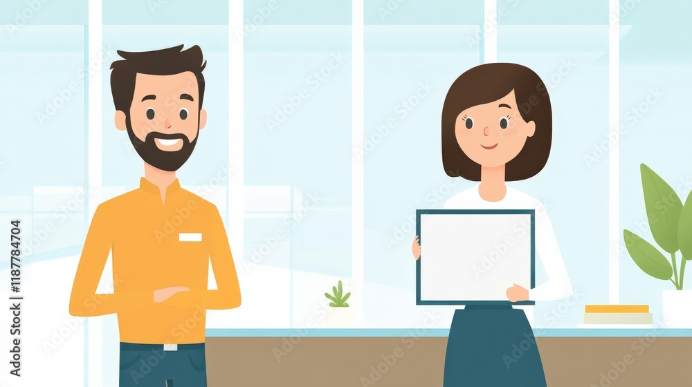 Happy colleagues in a modern office environment showcasing teamwork and collaboration with a blank presentation board and greenery in the background Happy colleagues in a modern office environment showcasing teamwork and collaboration with a blank presentation board and greenery in the background