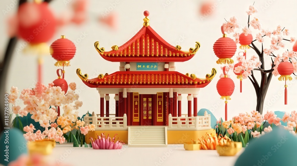 Chinese New Year celebration set featuring a beautiful temple, colorful lanterns, and blooming flowers, capturing the spirit of renewal. Chinese New Year celebration set featuring a beautiful temple, colorful lanterns, and blooming flowers, capturing the spirit of renewal.