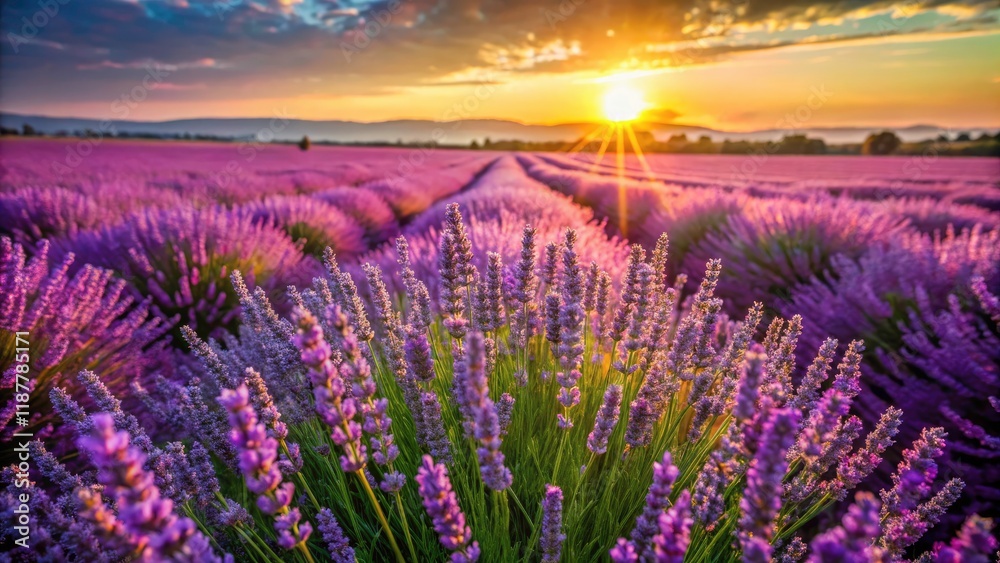 Obraz premium Stunning Aerial Drone Shot of Lavender Fields: Close-Up Purple Flowers Blooming in Summer