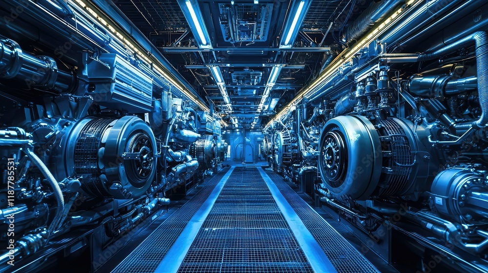 Obraz premium High-Tech Machinery and Engine Room with Blue LED Lighting