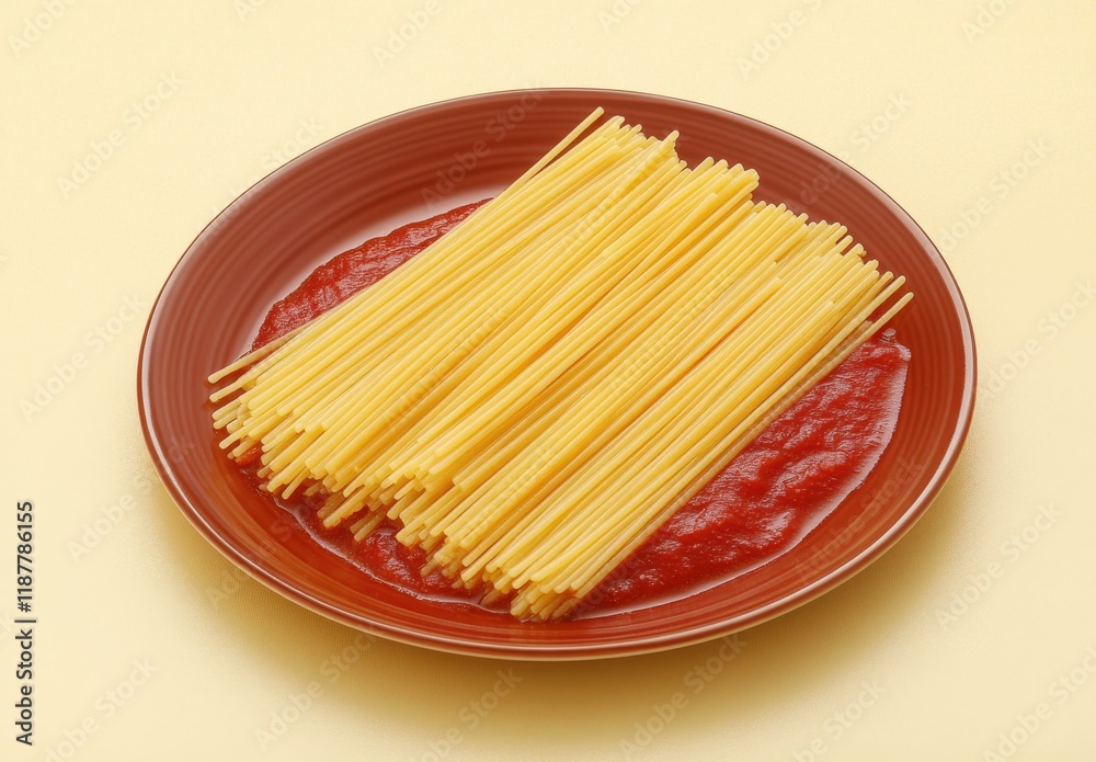 Freshly Cooked Spaghetti Sticks Laid Over A Vibrant Red Tomato Sauce On A Round Brown Plate Set Against A Soft Yellow Background For Delicious Dining Experience Freshly Cooked Spaghetti Sticks Laid Over A Vibrant Red Tomato Sauce On A Round Brown Plate Set Against A Soft Yellow Background For Delicious Dining Experience