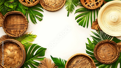 Wallpaper Mural Tropical Woven Baskets Frame, White Background,  Summer Design, Craft,  Advertising Torontodigital.ca