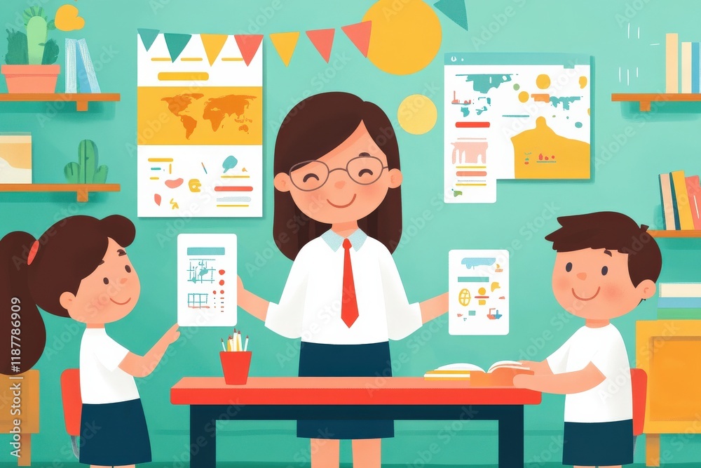 Cheerful Classroom Scene with Two Students Engaging with a Teacher, Bright Colorful Charts and Educational Materials in Background, Creative Learning Environment Cheerful Classroom Scene with Two Students Engaging with a Teacher, Bright Colorful Charts and Educational Materials in Background, Creative Learning Environment