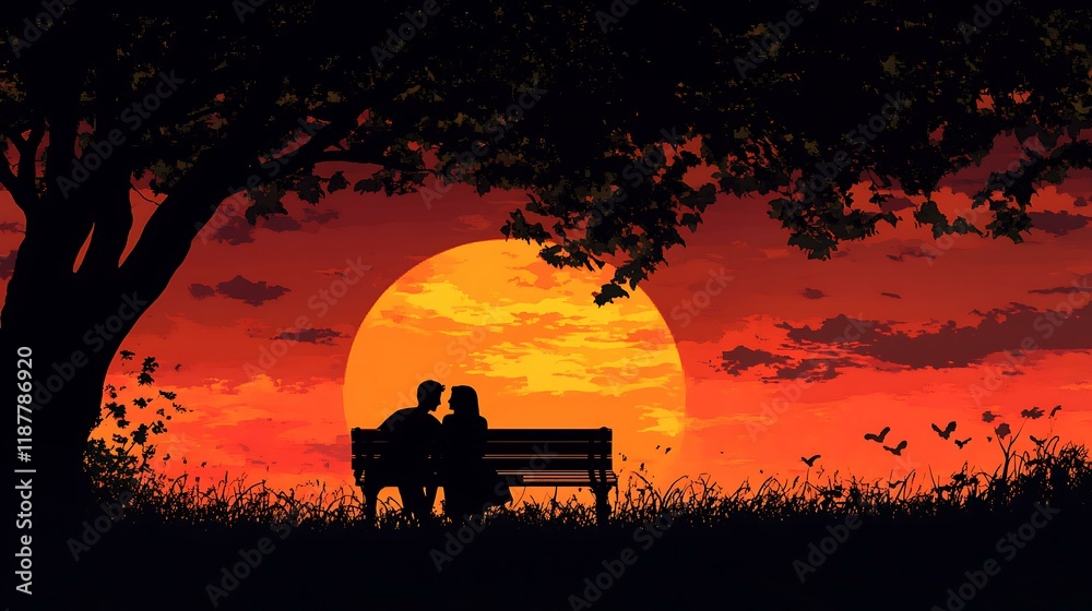 Silhouetted couple sitting on a bench under a tree, watching the sunset Silhouetted couple sitting on a bench under a tree, watching the sunset