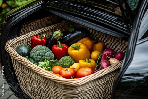 Fresh produce delivery, car trunk, wicker basket, garden background, farm-to-table photo