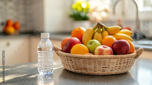 Fototapeta Naklejka Na Ścianę i Meble -  Basket of fresh fruits with water bottle on kitchen counter