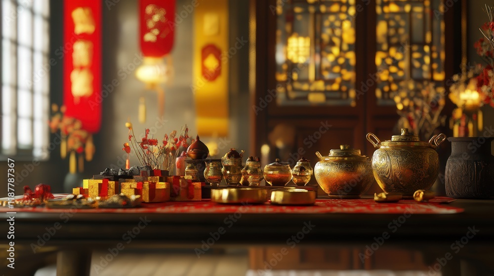 Chinese New Year set with gold ingots, red and yellow banners, and auspicious symbols of longevity and fortune for a grand celebration. Chinese New Year set with gold ingots, red and yellow banners, and auspicious symbols of longevity and fortune for a grand celebration.