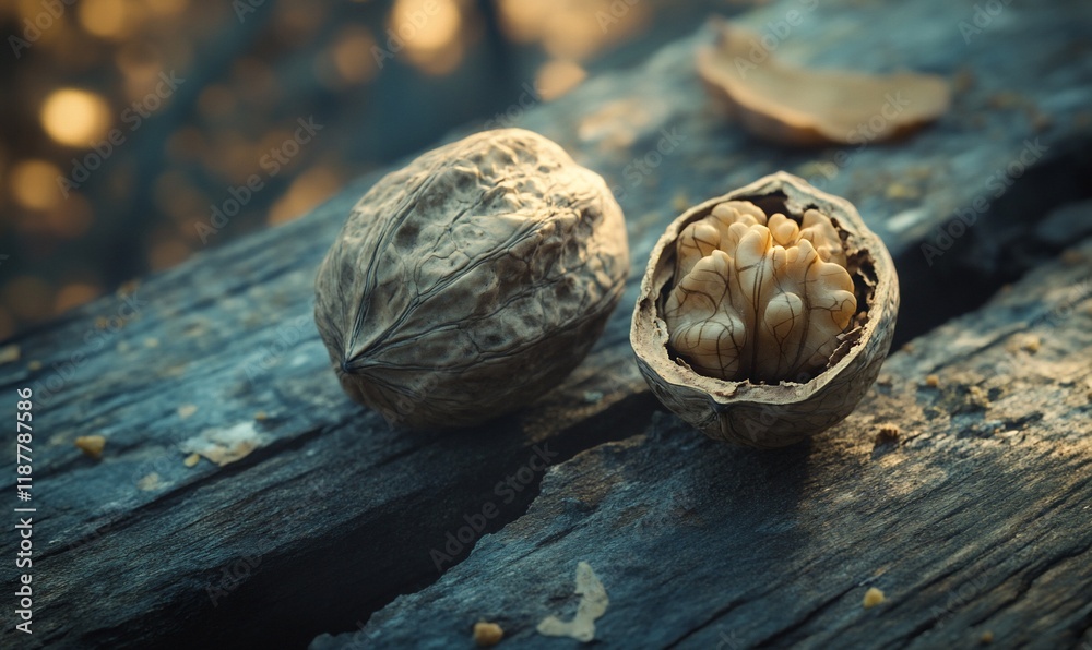 Walnuts on rustic wood, autumnal background, food photography Walnuts on rustic wood, autumnal background, food photography