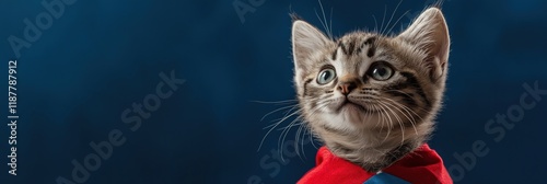 This charming kitten, dressed in a vibrant superhero cape, exudes cuteness and bravery, embodying playful innocence and joy in a captivating pose. photo