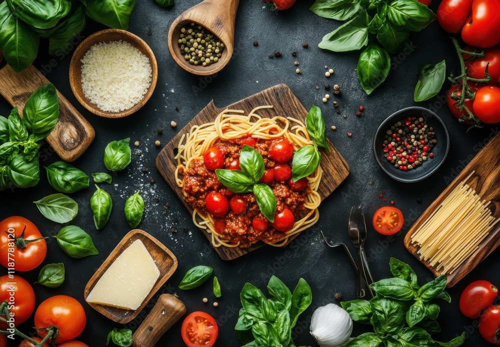 Freshly Prepared Spaghetti with Tomato Sauce, Basil Leaves, and Ingredients on Dark Background, Perfect for Cooking and Food Photography Projects Freshly Prepared Spaghetti with Tomato Sauce, Basil Leaves, and Ingredients on Dark Background, Perfect for Cooking and Food Photography Projects