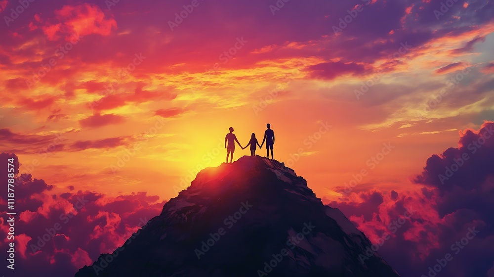 Two people holding hands on a mountain peak silhouetted against a vivid sunset sky Two people holding hands on a mountain peak silhouetted against a vivid sunset sky