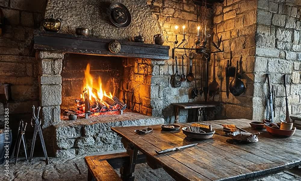 A cozy, rustic interior featuring a stone fireplace with a warm fire, wooden table set for a meal, and various kitchen tools hanging on the walls, evoking a homely atmosphere.