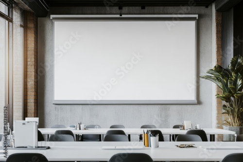 Blank projector screen in loft meeting room (1) photo