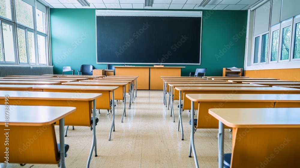 Empty classroom with wooden desks and green chalkboard in bright daylight Empty classroom with wooden desks and green chalkboard in bright daylight