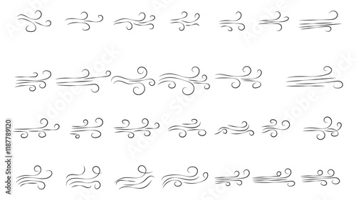 Doodle wind line sketch. Hand drawn doodle wind motion, air blow, swirl elements. Sketch drawn air blow motion, freshness, smoke flow art. Wind and air flow icons gusts. vector illustration