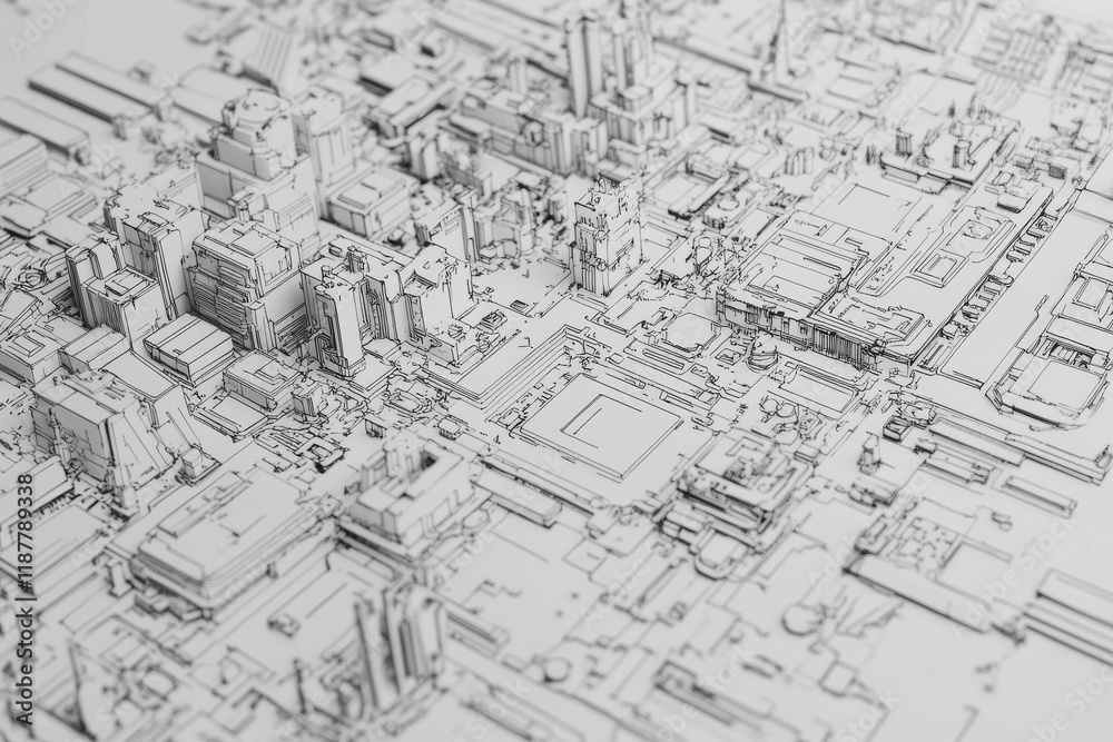 Abstract Architectural Illustration of a Modern Urban Landscape with High-Rise Buildings, Streets, and Clear Geometric Lines in Black and White Abstract Architectural Illustration of a Modern Urban Landscape with High-Rise Buildings, Streets, and Clear Geometric Lines in Black and White