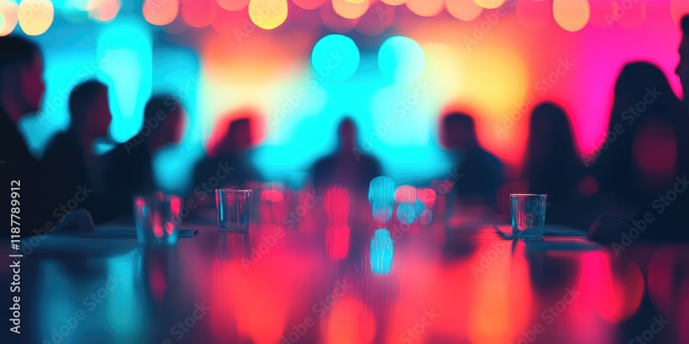 custom made wallpaper toronto digitalAn abstract backdrop showcasing blurred figures during a business meeting, infused with vibrant lights and a corporate vibe.