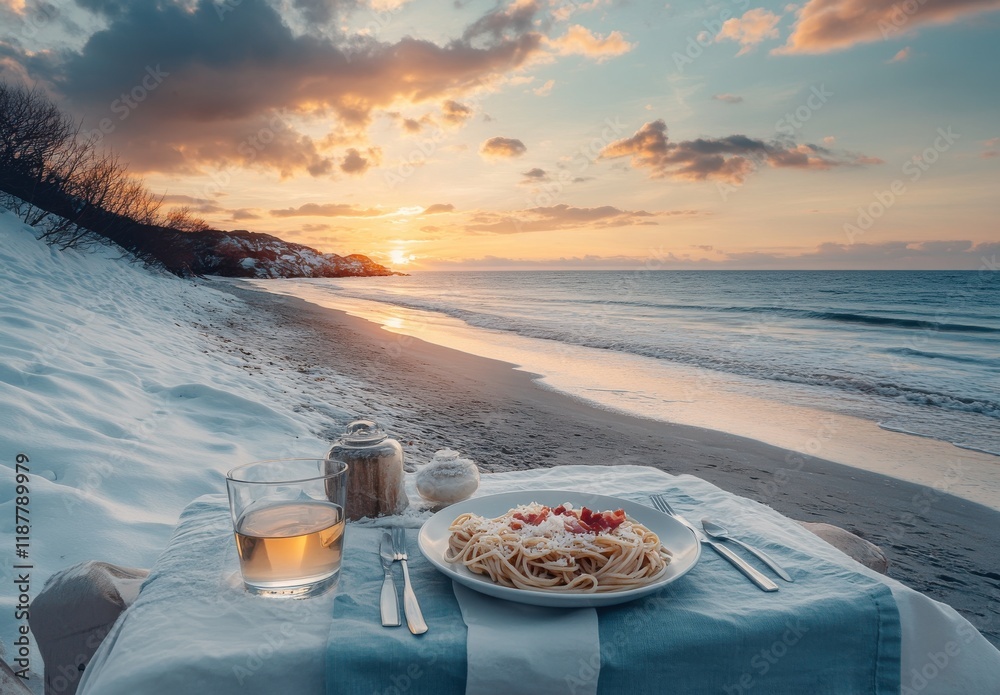 Obraz premium Romantic Pasta Dinner on a Beach at Sunset with Sandy Shore and Scenic Ocean View Surrounded by Snowy Landscape and Calm Waters
